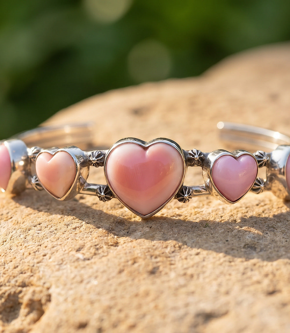 Pink Conch Station Heart Cuff Bracelet
