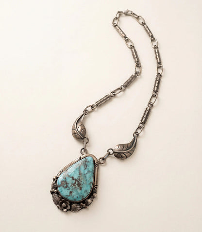 Vintage Turquoise Pendant Silver Feather Necklace