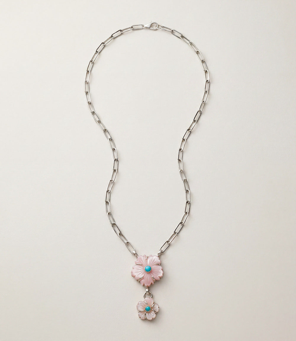 Pink Conch And Turquoise Double Flower Necklace