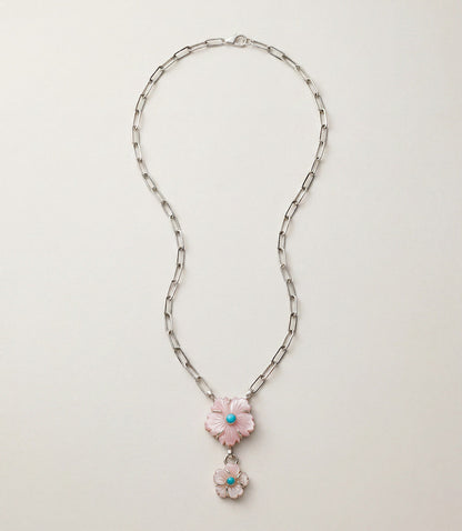 Pink Conch And Turquoise Double Flower Necklace