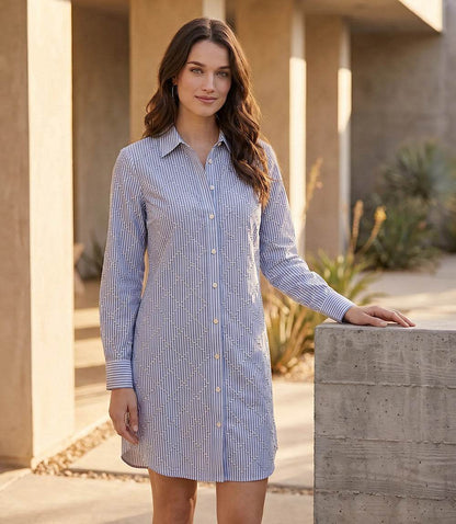 Stripe Roll-Tab Embellished Shirtdress
