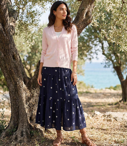 Embroidered Tiered Midi Skirt