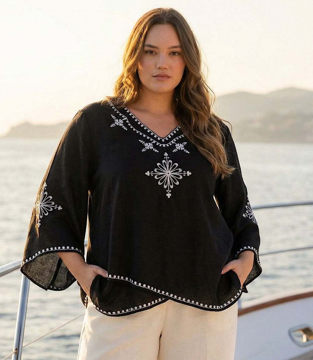 Plus Size Bracelet Sleeve Embroidered Asymmetric Top