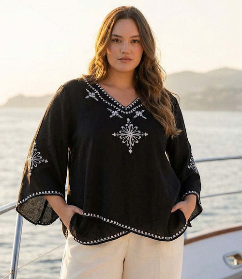 Plus Size Bracelet Sleeve Embroidered Asymmetric Top