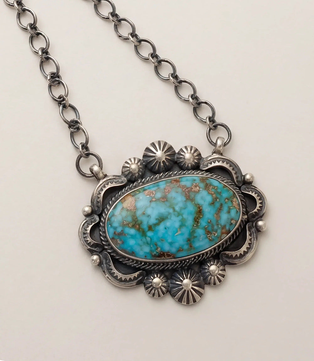 Embellished Oval Pendant Turquoise Necklace
