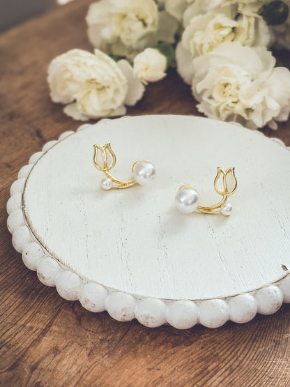 Beautiful Pearl and Tulip Flower Jacket Earrings