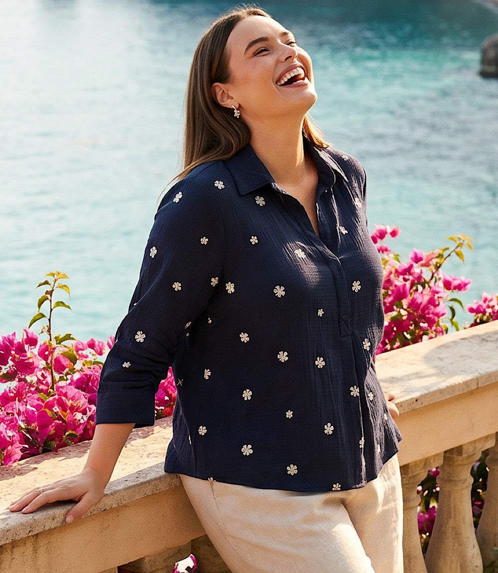 Plus Size Embroidered Ruched Sleeve Shirt