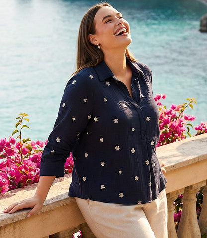 Plus Size Embroidered Ruched Sleeve Shirt