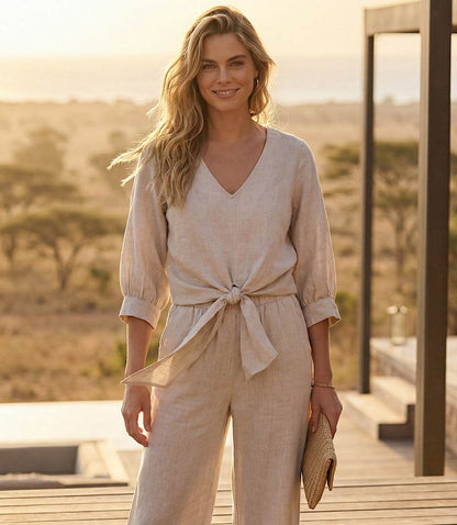 Blouson Sleeve Linen Tie-Front Top