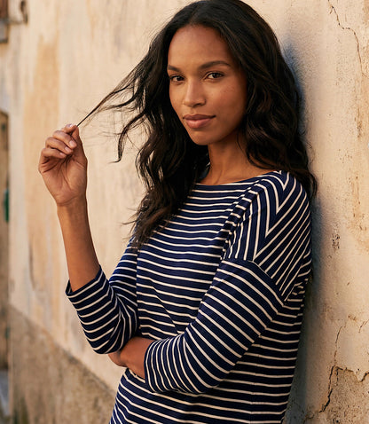 Stripe 3/4 Sleeve Boatneck Top