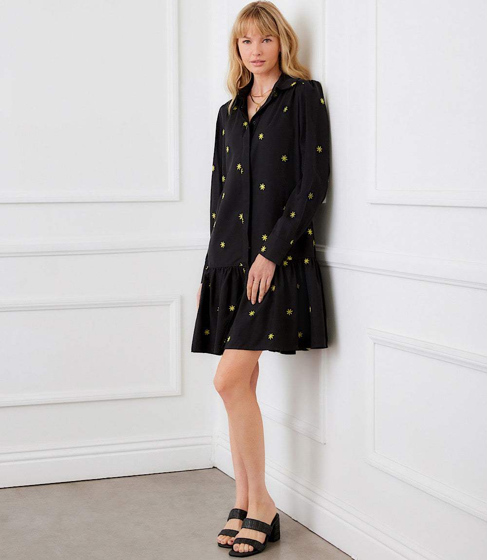 Long Sleeve Embroidered Ruffle Hem Dress