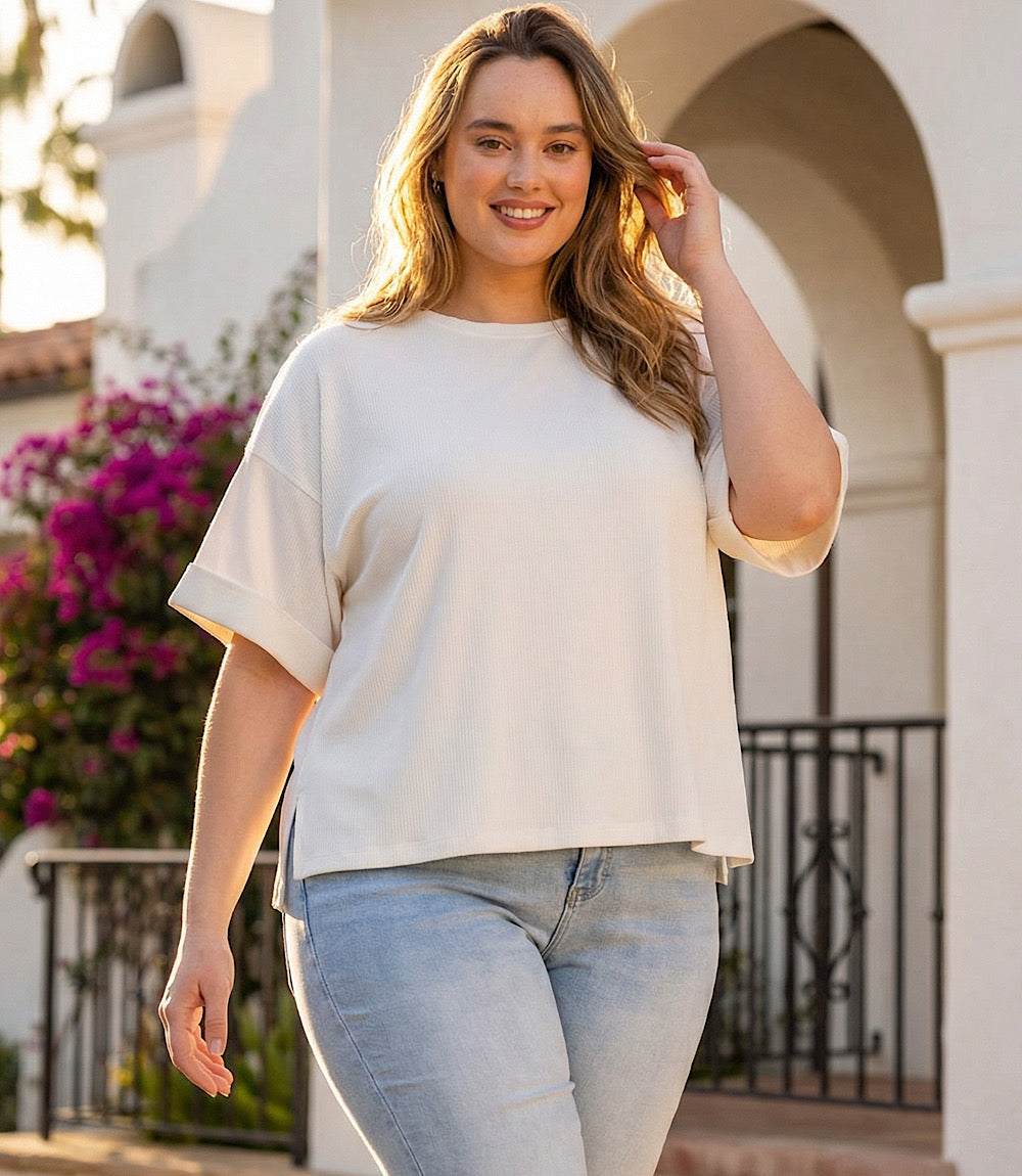Plus Size Ribbed Cuffed Sleeve Top