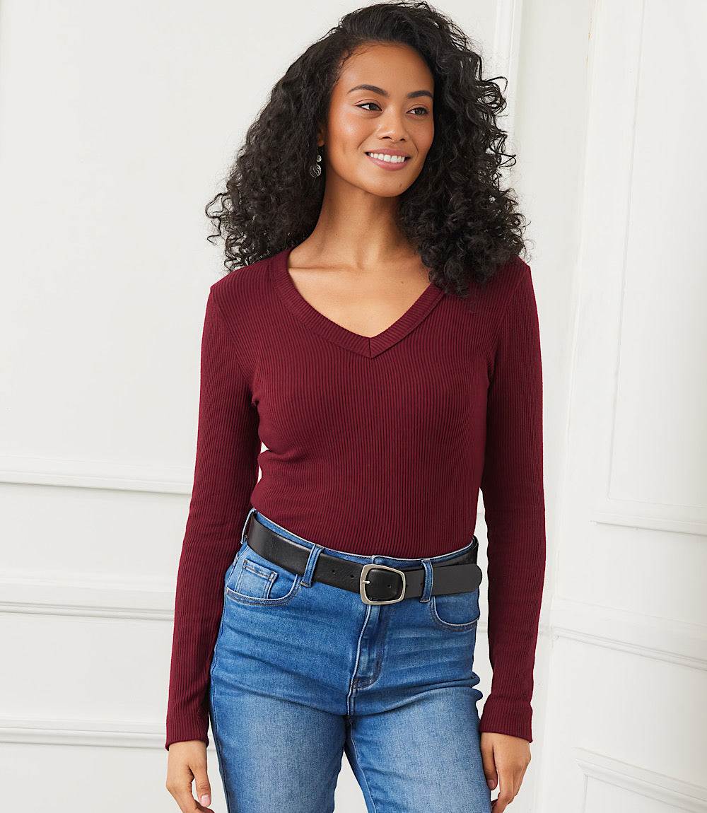 Petite Size Long Sleeve Ribbed V-Neck Top