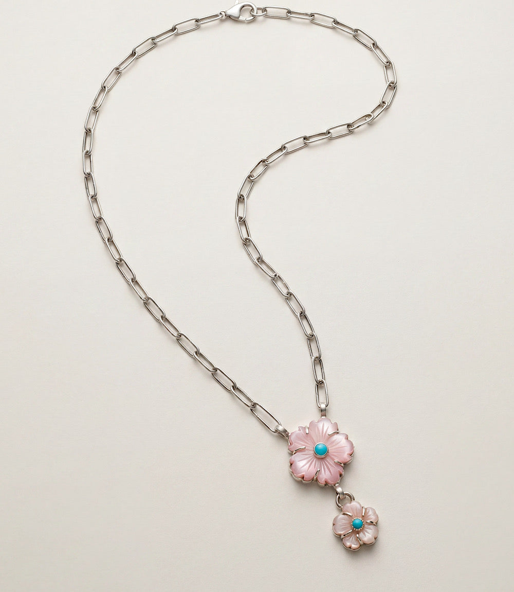 Pink Conch And Turquoise Double Flower Necklace