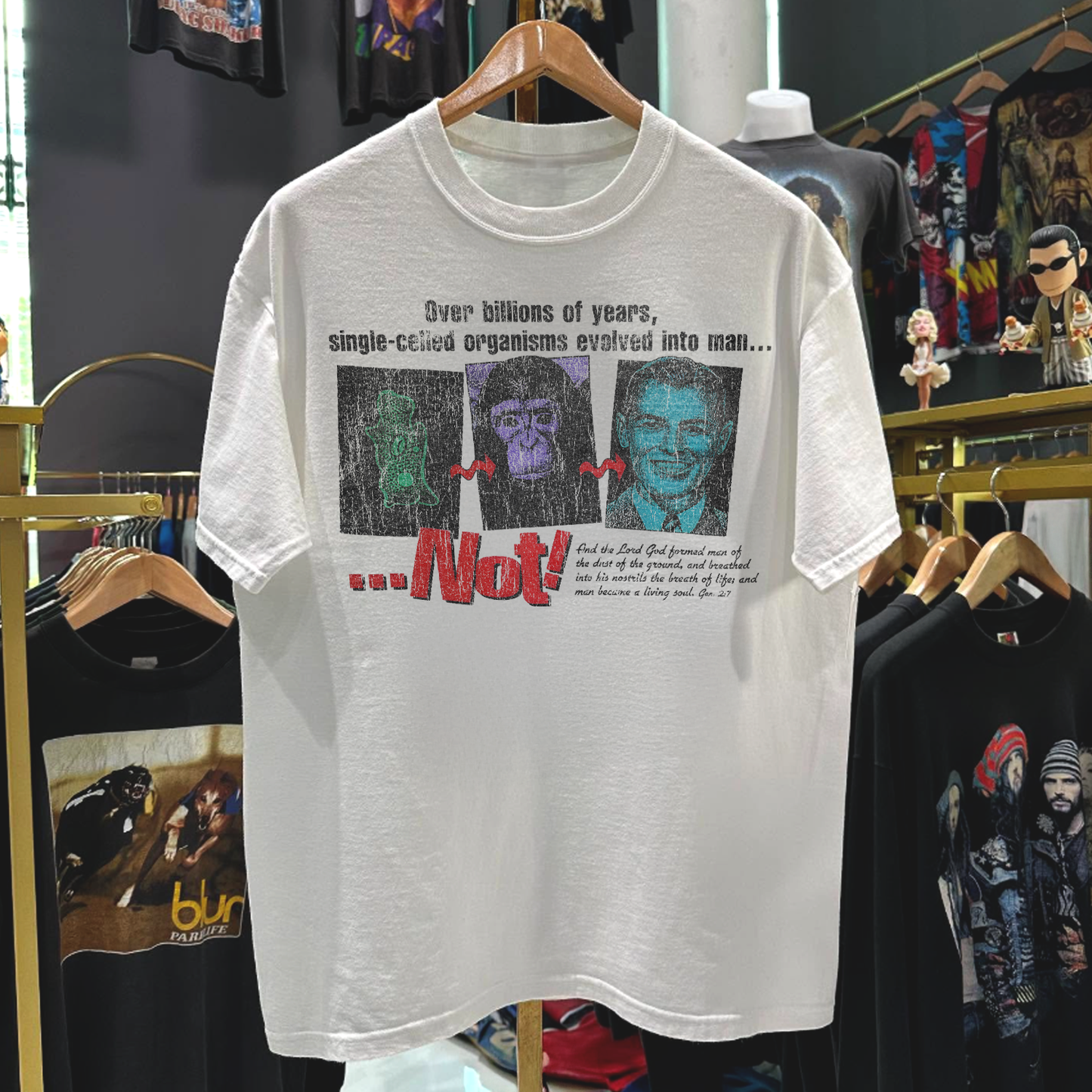 90s "Big Bang? Not!" Rare Washed White Anti-Evolution T-Shirt