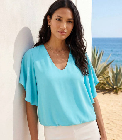 Petite Size Flutter Sleeve V-Neck Top