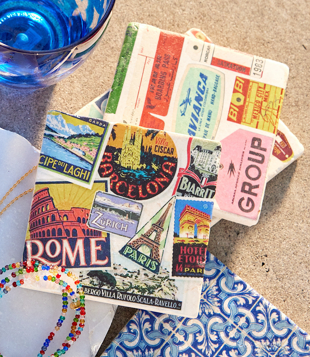 Luggage Tag Marble Coasters, Set Of 4