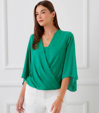 Petite Size Bracelet Sleeve Drape Front Crossover Top