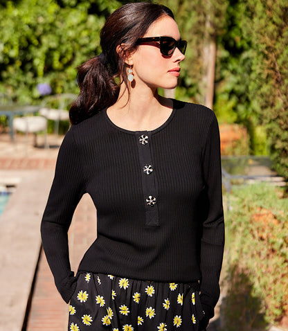 Long Sleeve Ribbed Flower Button Detail Top