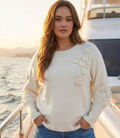 Plus Size Hand Embroidered Flower Detail Sweater