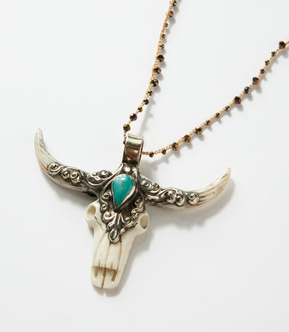 Sterling Silver Longhorn Carved Bone Necklace