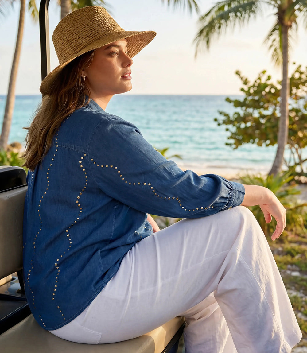 Plus Size Blouson Sleeve Gemstone Denim Shirt