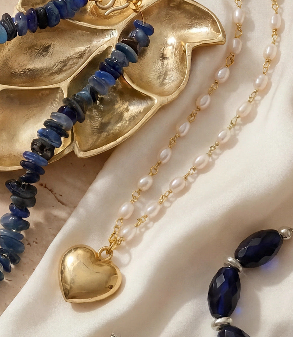 Beaded Pearl Heart Charm Necklace