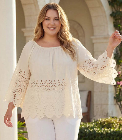 Plus Size Cutout Embroidery Flare Sleeve Peasant Top