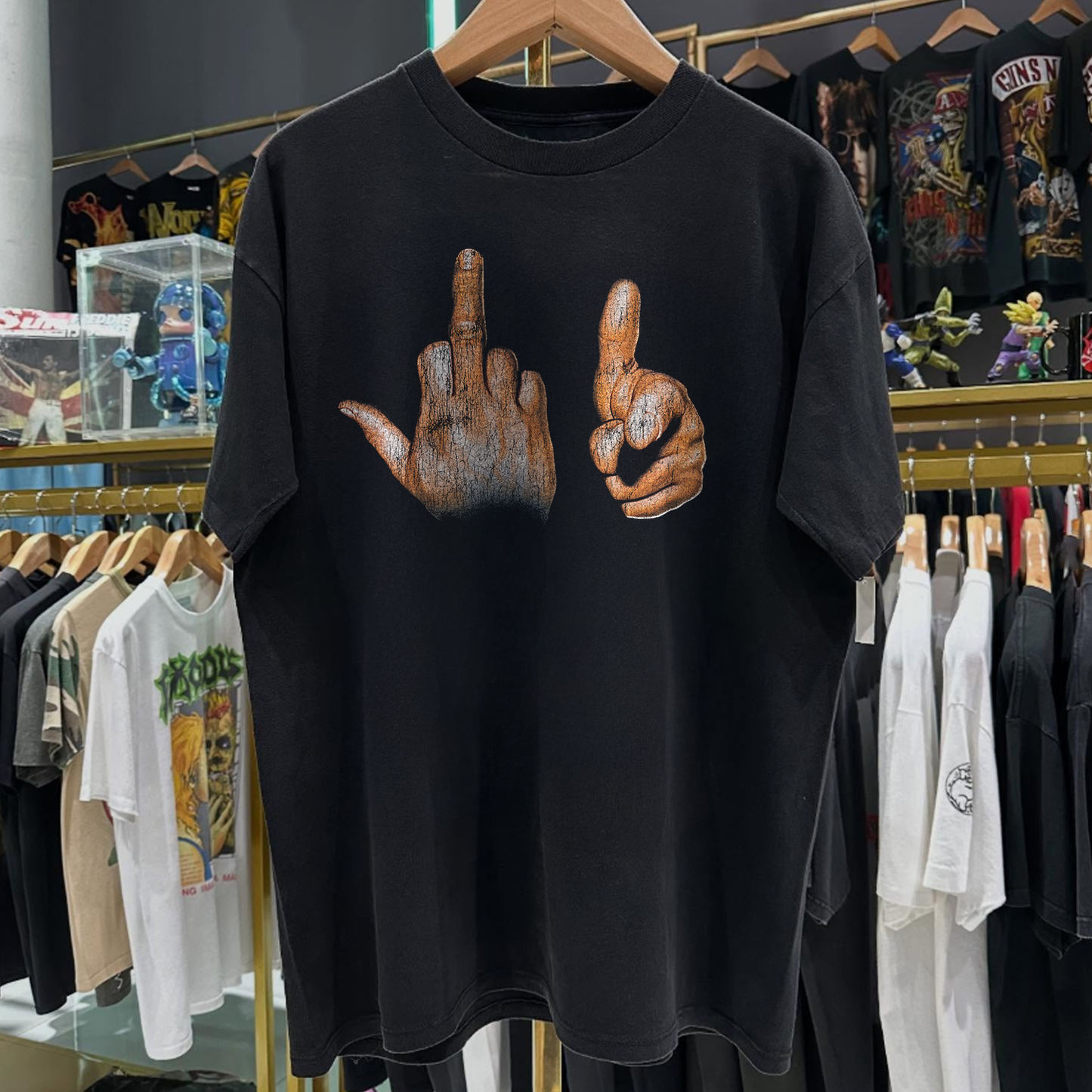 90s Two-Finger Salute Rare Washed Black T-Shirt