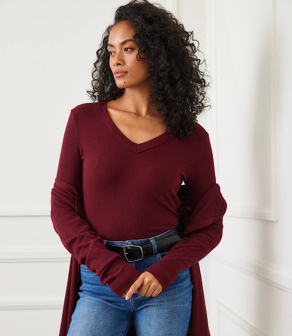 Petite Size Long Sleeve Ribbed V-Neck Top