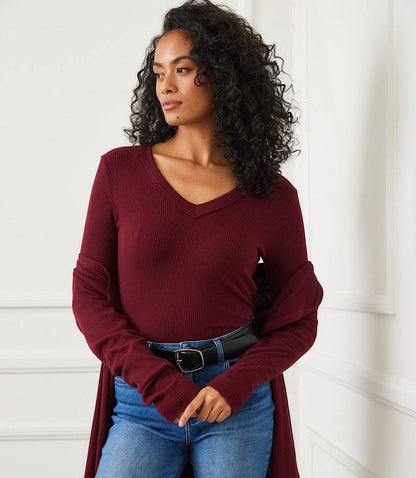 Petite Size Long Sleeve Ribbed V-Neck Top