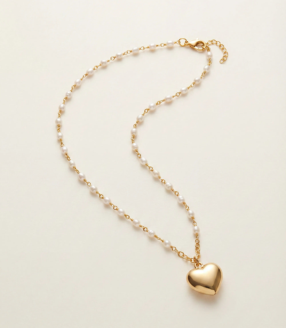 Beaded Pearl Heart Charm Necklace