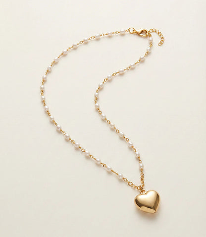 Beaded Pearl Heart Charm Necklace