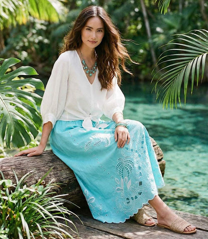 Cut-Out Embroidery Midi Skirt