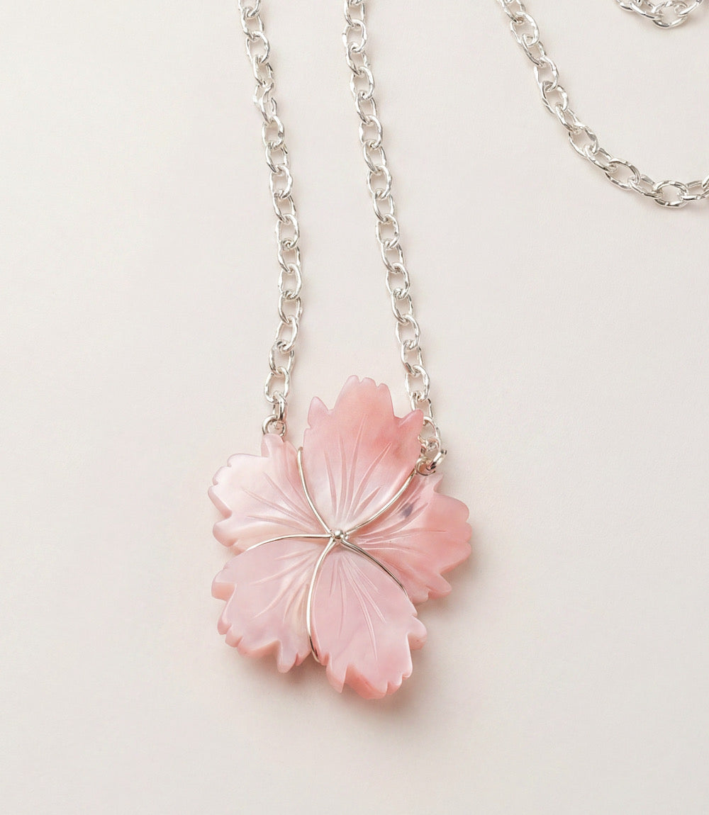 Carved Pink Conch Flower Pendant Necklace