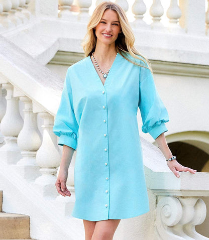 Lantern Sleeve Pearl Button-Front Dress