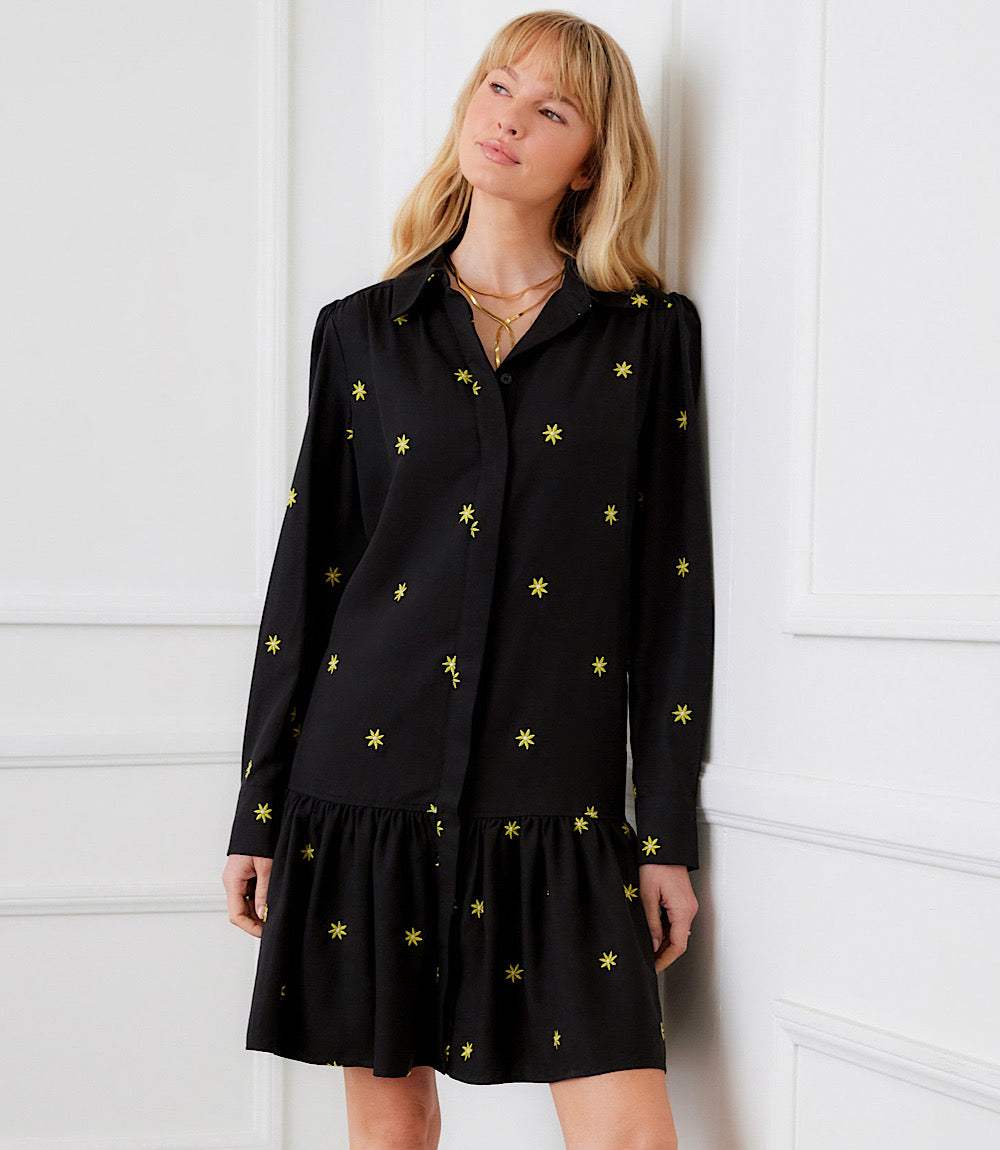 Long Sleeve Embroidered Ruffle Hem Dress