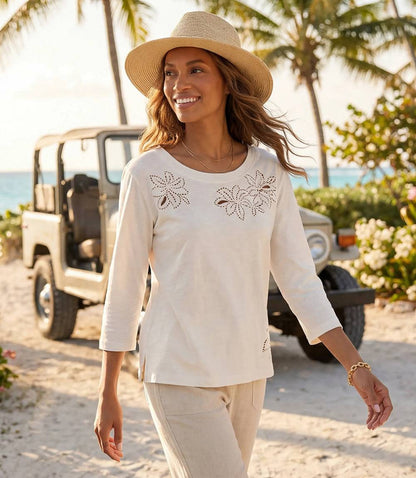 3/4 Sleeve Embroidered Cut-Out Boatneck Top