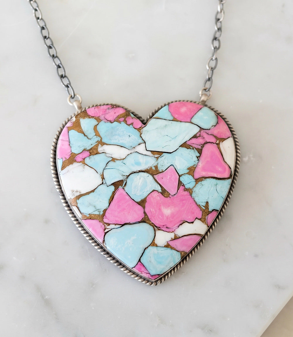 Large Cotton Candy Turquoise Heart Necklace