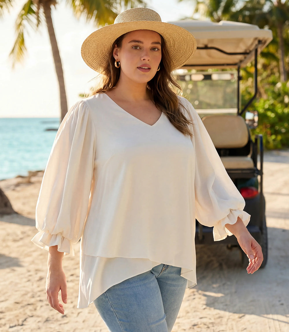 Plus Size Layered Sleeve Asymmetric Top