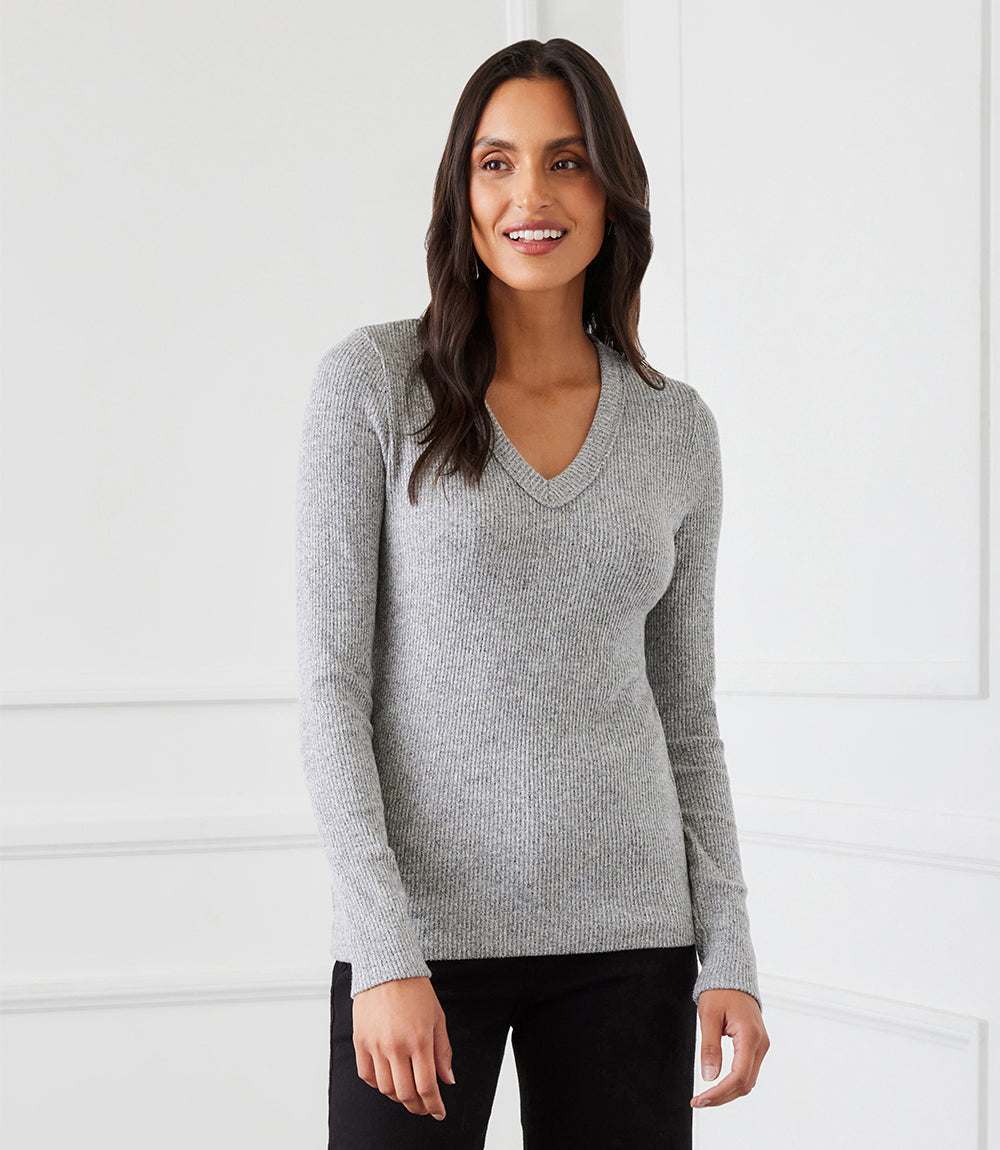 Petite Size Long Sleeve Ribbed V-Neck Top