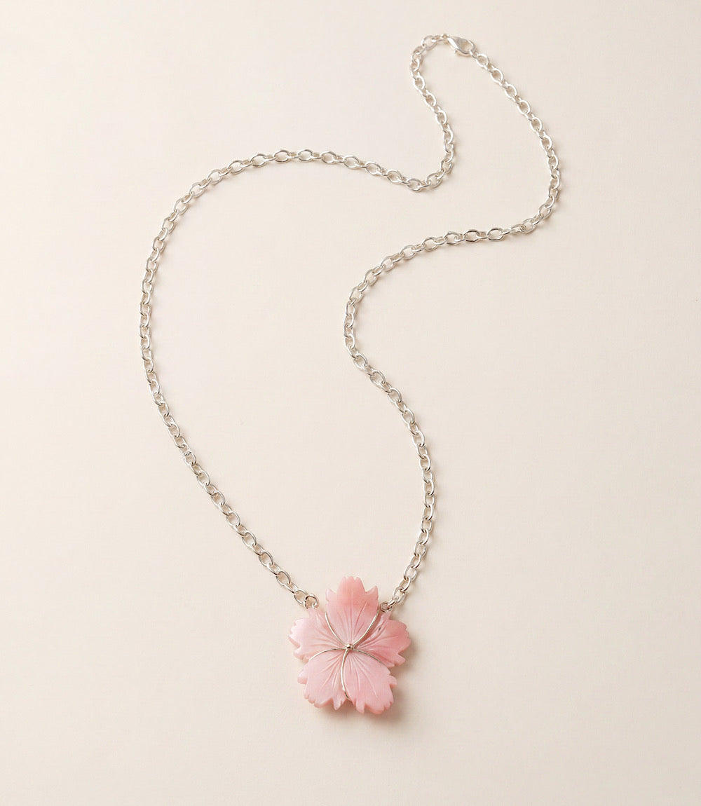 Carved Pink Conch Flower Pendant Necklace