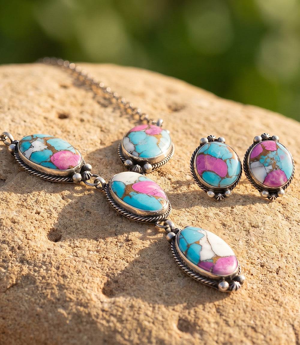 Cotton Candy Turquoise Lariat Necklace And Earring Set