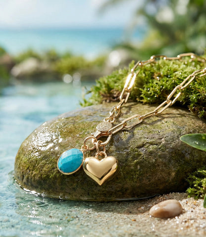 Turquoise Stone And Heart Charm Necklace