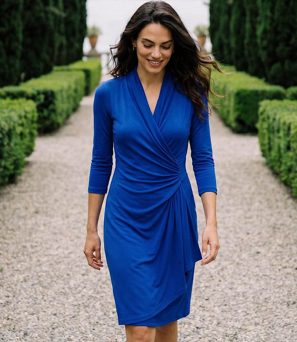3/4 Sleeve Cascade Wrap Dress