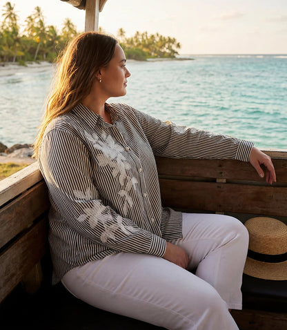 Plus Size Long Sleeve Stripe Embroidered Shirt