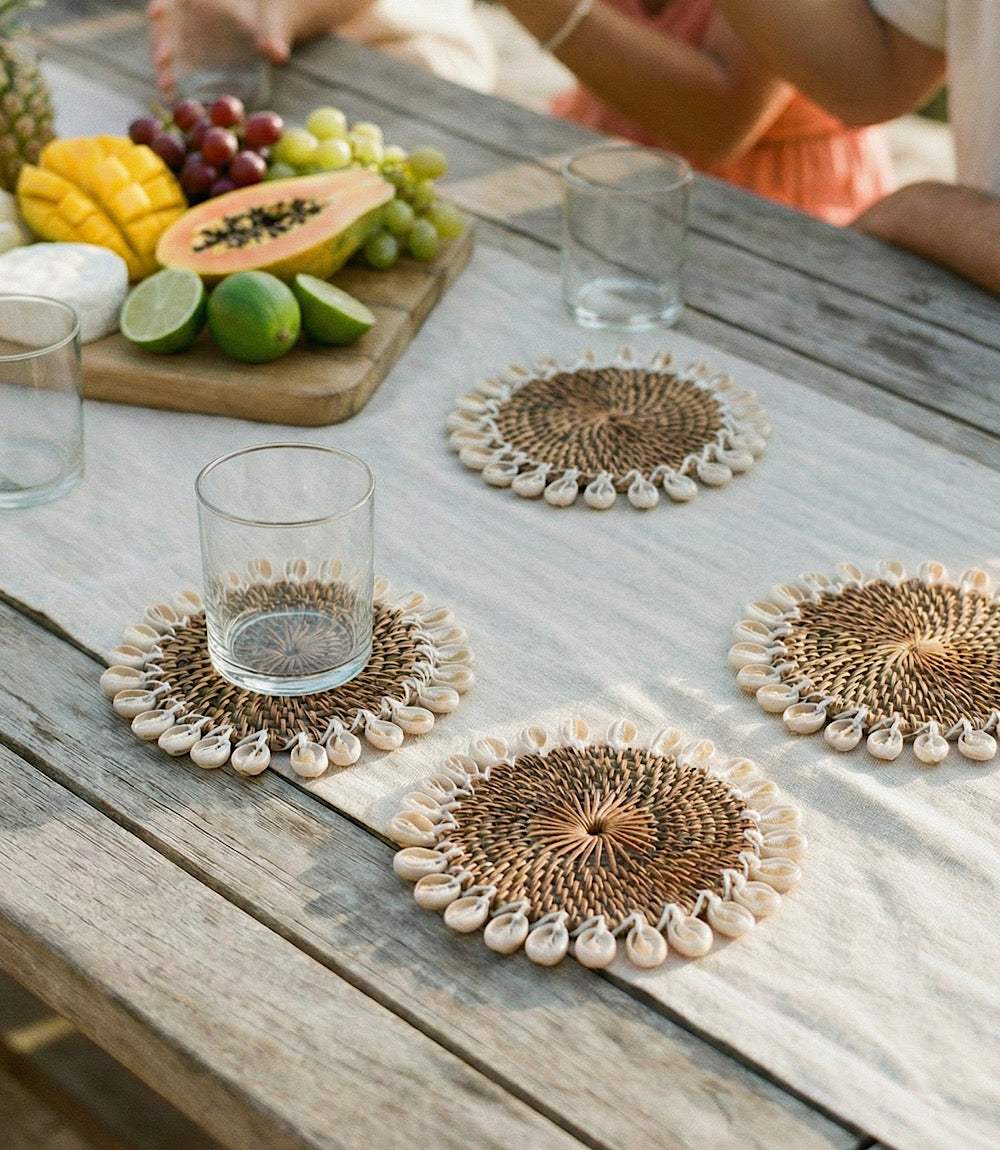 Rattan Seashell Coasters, Set of 4