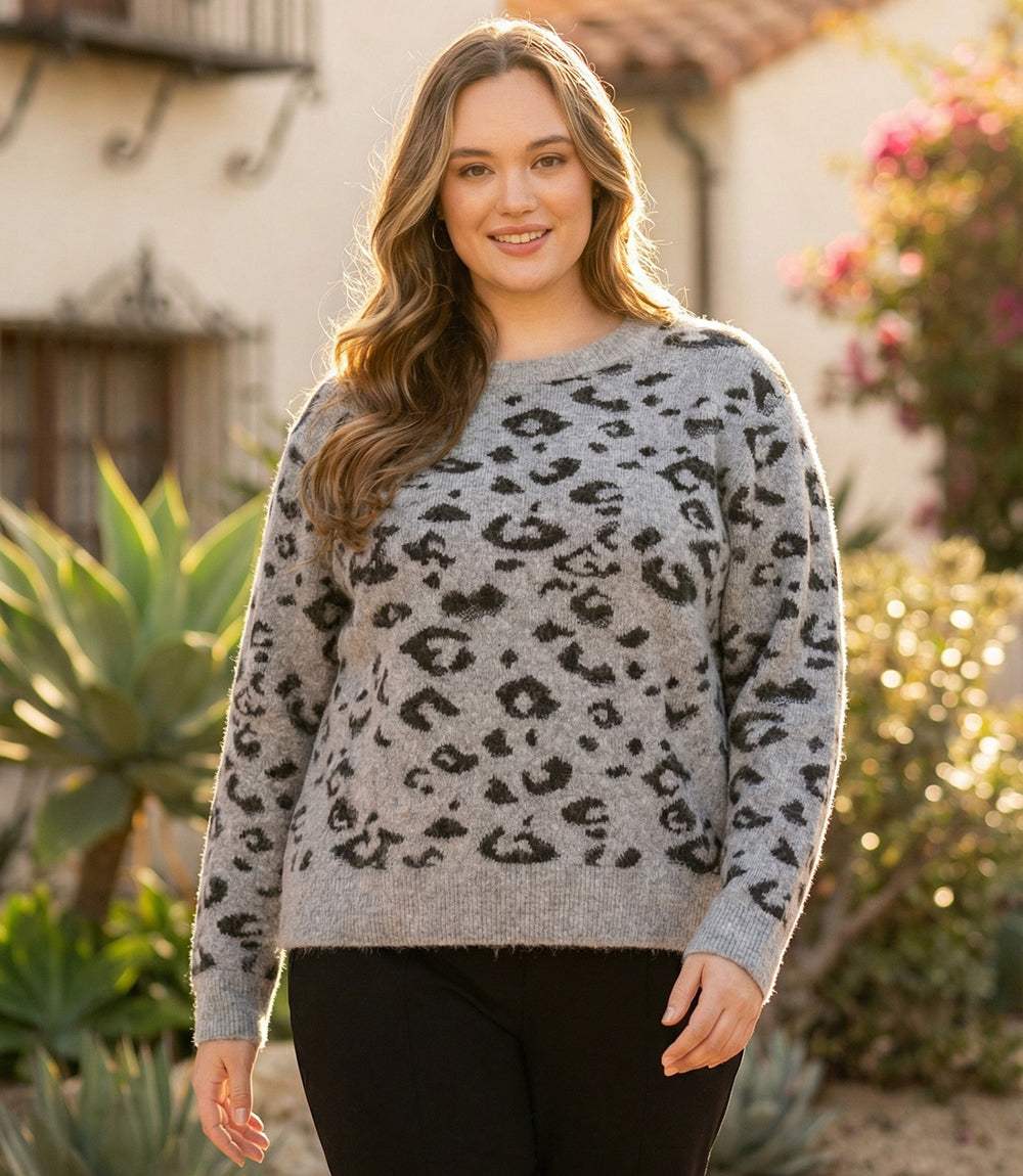 Plus Size Metallic Animal Print Crewneck Sweater