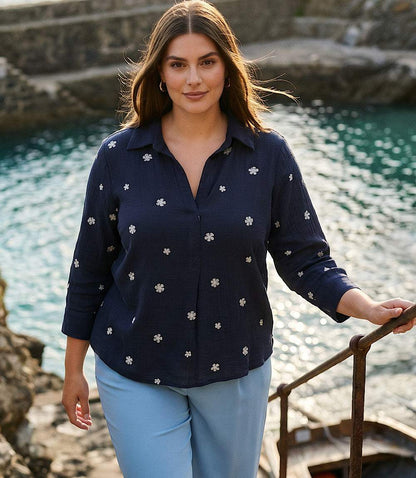 Plus Size Embroidered Ruched Sleeve Shirt