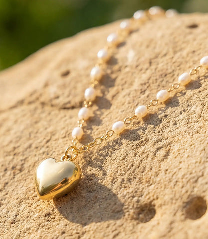 Beaded Pearl Heart Charm Necklace